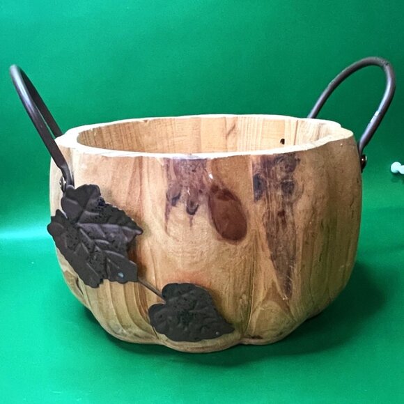 Rustic Handmade Wood Pumpkin Bowl Basket Metal Leaf Handles Fall Farmhouse - Picture 1 of 12
